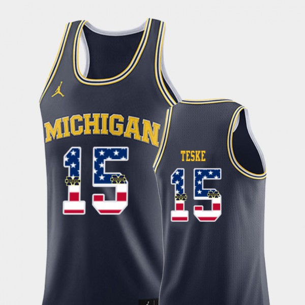 Michigan #15 For Men Jon Teske Jersey Navy College Basketball USA Flag Player